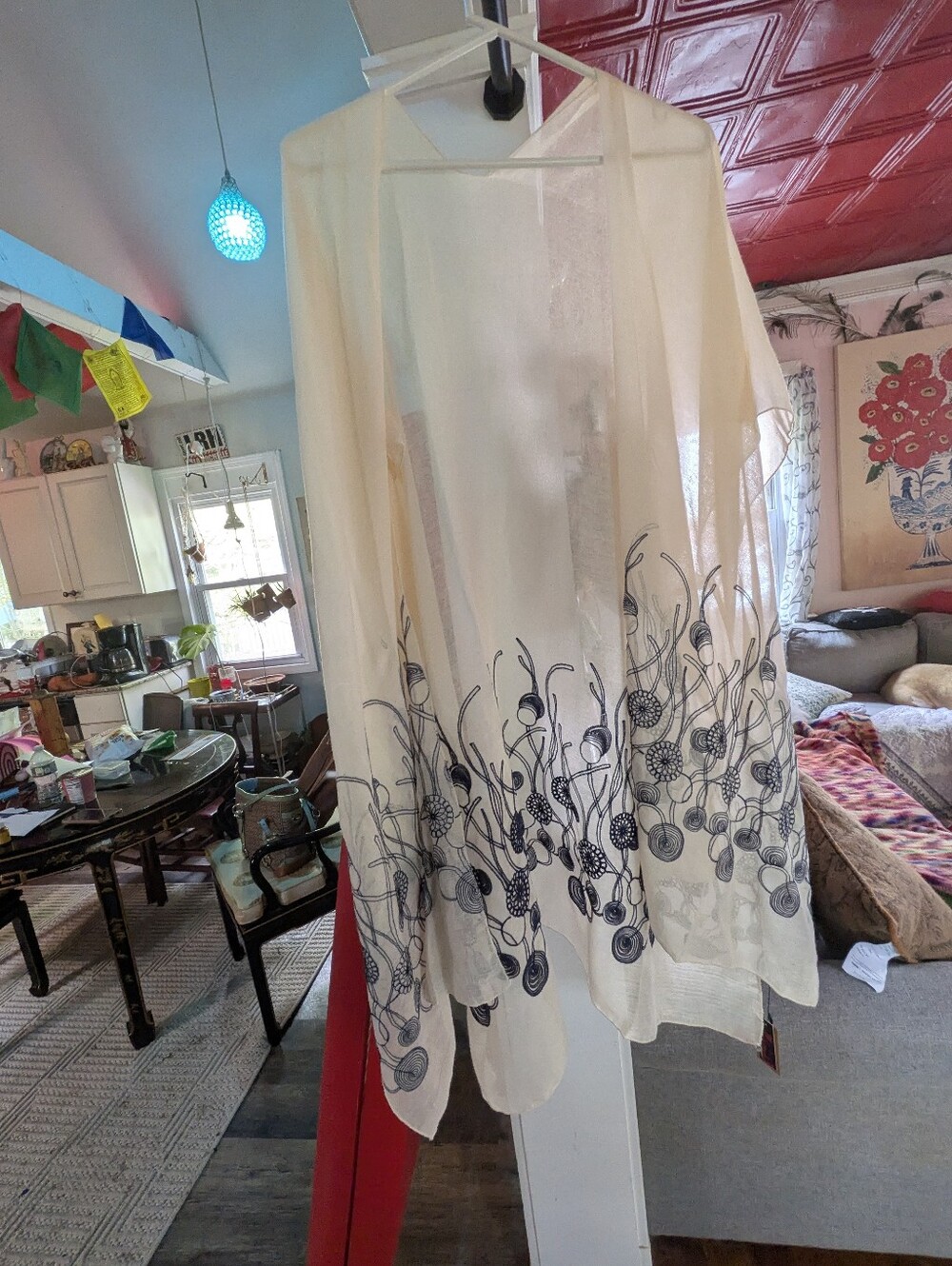 Sheer Embroidered Floral Border Wrap- Cream with Navy Detail
